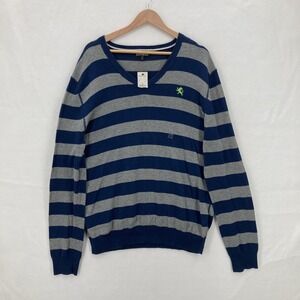 Express Sweater Mens XL Blue Gray Striped V Neck Lion Logo Pullover Cotton Rugby